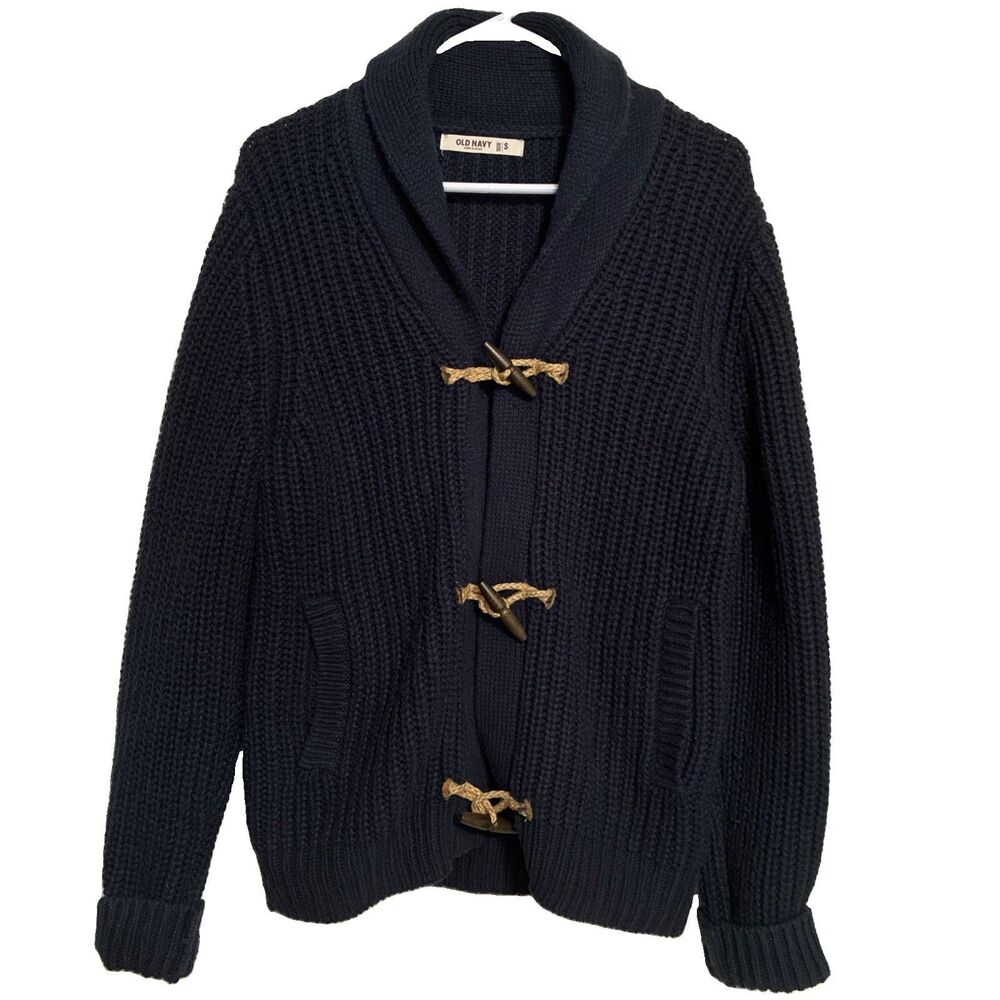 Old Navy Cardigan Toggle Button Fisherman Chunky Knit Navy Blue Sweater Unisex S